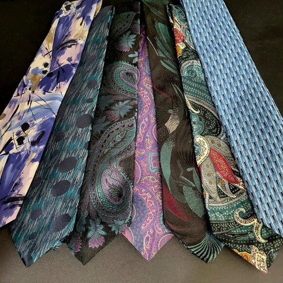 LOT OF 7~MENS TIES~PACO RABANNE PARIS~JONES NEW YORK~DAMON~BLACK BLUE PURPLE - Picture 4 of 15